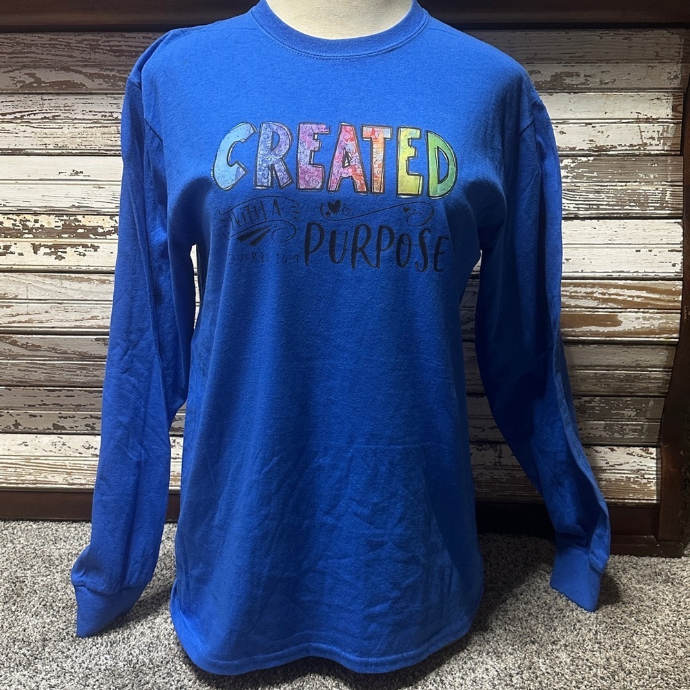 NEW PORT & COMPANY Blue Long Sleeved created with a purpose proverbs 16:4 Tee
